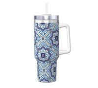 Carreaux classiques de style marocain portugais,Gobelet isotherme Ice Bully de 40 oz avec poignée, couvercle et paille, en acier inoxydable, pour voiture ou café.