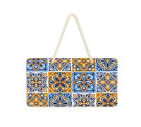 Carreaux de céramique italienne mexicaine bleue, dorée, orange, poterie ethnique, art folklorique en PVC, panneau de porte à suspendre, panneau de bienvenue pour porche, jardin, cour, maison, façade