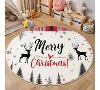 Carreaux Rouges Et Noirs Tapis Rond 180cm en Machine Antidérapant Silhouette Cerf Dans Un Sapin Noël Ronde Carpet Descente de Lit Doux Poil Ras Carpette pour Salon Salle a Manger Bureau, Noir Et Blanc