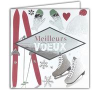 Carrée Bonne Année Meilleurs V?ux Argenté Brillant Avec Enveloppe Blanche Sports D'hiver Skis Patins À Glace Patinage Moufles Bonnet Pompons Flocons C?ur Fêtes De Fin D'année 23044