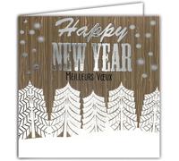 Carrée Happy New Year Meilleurs V?ux Argenté Brillant Avec Enveloppe Blanche 15x15cm - Sapins De Noël Bois Flocons De Neige Hiver