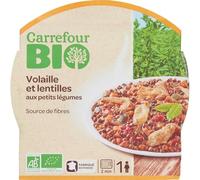 CARREFOUR BIO Plat cuisiné volaille et lentilles Bio 300 g - Recette individuelle aux petits légumes, source de fibres, fabriqué en France - Lot de 3