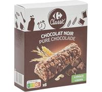 CARREFOUR CLASSIC' - Barres Céréales Chocolat Noir - 6 barres de 21 g chacune - Pack de 126 g - 4 céréales pour un en-cas gourmand et équilibré - Lot de 4
