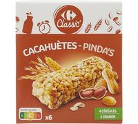 CARREFOUR CLASSIC' - Barres Céréalières aux Cacahuètes Grillées, Hachées et Entières - la boite de 6 - 125g - Le Lot De 4