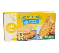 CARREFOUR CLASSIC' - Biscuits Duo P'tit Dej au Yaourt Fourrage au Yaourt - Biscuits aux Céréales Fourrage au Yaourt - le paquet de 253g - Le Lot De 4