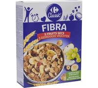 CARREFOUR CLASSIC - Céréales Fibra 5 Fruits Secs Pétales de Blé Complet avec Raisins Secs, Noix de Coco, Pommes, Bananes et Noisettes - Source de Fibres - la boite de 500g - Le Lot De 4