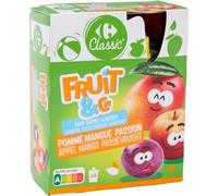 CARREFOUR CLASSIC' - Compote Mangue Passion sans Sucres Ajoutés - Purée de Pommes et Mangues - les 4 gourdes de 90g - 360g - Le Lot De 5