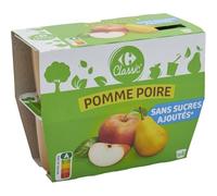CARREFOUR CLASSIC' - Compote Pomme Poire sans Sucres Ajoutés - Purée de Pommes et de Poires - les 4 pots de 100 g - 400g - Le Lot De 4