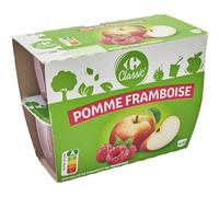 CARREFOUR CLASSIC' - Compote Pommes Framboises Allégée en Sucres - 30% de Sucres en Moins - les 4 pots de 100 g - 400g - Le Lot De 4