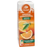 CARREFOUR CLASSIC' Jus d'Orange Sans Pulpe à Base de Concentré, 1L, 100% Fruit, Sans Sucres Ajoutés, Brique avec Bouchon Vissable - Lot de 4