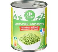 CARREFOUR CLASSIC' - Petits Pois Extra-Fins à l'Étuvée - Boîte de 560g Net Égoutté - 800g - Le Lot De 4