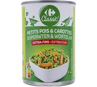 CARREFOUR CLASSIC' - Petits Pois Extra-Fins et Carottes à l'Étuvée - Légumes à l'Étuvée - la boite de 265g net égoutté - 400g - Le Lot De 4