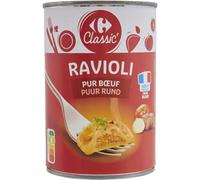 CARREFOUR CLASSIC' Ravioli pur bœuf en boîte métal - Plat cuisiné prêt à réchauffer - 400 g - Viande de bœuf française - Format pratique et familial - Lot de 4