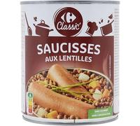 CARREFOUR CLASSIC' - Saucisses aux Lentilles - Plat Cuisiné · Sans Colorant · Sans Conservateur · Prêt en 3 min Micro-Ondes ou Casserole 12 min · Format Familial - la boîte de 840g - Le Lot De 4