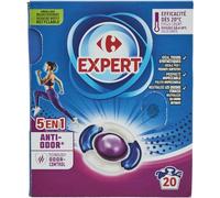 CARREFOUR EXPERT Lessive Capsules 5en1 Anti-Odeur - 20 capsules - 420 g - Boîte en carton recyclable - Efficacité dès 20°C - Idéal pour tissus synthétiques - Lot de 3