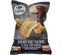 CARREFOUR EXTRA - Chips Poivre Noir et sel de Mer - Cuisson Douce et Lente Façon Chaudron · Épaisses et Craquantes · Pomme de Terre Origine France - le paquet de 120g - Le Lot De 4
