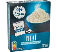 CARREFOUR EXTRA - Riz Thaï Long - Riz naturellement parfumé · Sachet Cuisson - Préparation Simple et Rapide · Prêt en 12 min - les 4 sachets de 125g - 500g - Le Lot De 4