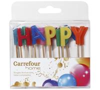 CARREFOUR HOME - Bougie Anniversaire Happy Birthday - Lettres Multicolores : Bleu, Rouge, Vert, Jaune, Rose et Orange · Montées sur Piques en Bois - la boite - Le Lot De 4