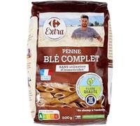 CARREFOUR - Pâtes Penne au Blé Complet Gourmandes, Texture Croustillante et Riche en Fibres, 500g