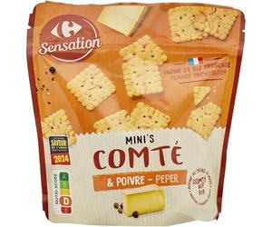 CARREFOUR SENSATION - Biscuits Apéritifs Comté et Poivre - Comté AOP Affiné 8 Mois · Farine de Blé Française · Craquante et Légère - le paquet de 100g - Le Lot De 4