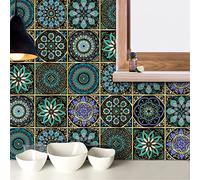 Carrelage Adhésif 10x10 Bohème Vert Émeraude Credence Adhesive pour Cuisine Brique,10 Pcs Stickers Muraux Salle de Bains Cuisine Carrelage Adhesif Mural avec Motifs de Carrelage Dalle Pvc