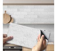 Carrelage Adhésif 10x20cm La Pierre Blanche Credence Adhesive pour Cuisine Brique,Stickers Muraux Salle de Bains Cuisine Carrelage Adhesif Mural avec Motifs de Carrelage Dalle Pvc Adhesive Murale