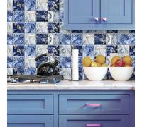 Carrelage adhésif décoratif effet marbre bleu et or, idéal pour la cuisine et la salle de bain. Revêtement en vinyle imperméable et amovible, résistant à l'huile, format 10 x 240 cm (1 rouleau).