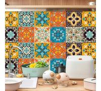 Carrelage Salle de Bain Orange Jaune Bleu Credence Adhesive pour Cuisine Dalle pvc Adhesive Murale Autocollant Carrelage Imperméable Crédence Cuisine à Coller Plaque pvc Murale 20x20cm/10 Pcs