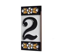 Carrelages de numéro de maison en céramique espagnole orange et noire 7,5 x 3,5 cm avec motifs floraux, symboles et cadres en métal filigrané (Numéro 2)