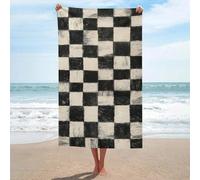 Carrés en noir et blanc - Serviette de plage à carreaux abstraits en microfibre anti-sable - Grande serviette de douche multi-usages absorbante pour salle de bain et piscine - 130 x 80 cm