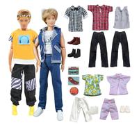 Carreuty 12 accessoires de vêtements compatibles avec Ken, 1 combinaison en jean bleu, 1 sweat-shirt jaune avec motifs, 2 pantalons à manches courtes à carreaux, 2 pantalons, 2 pantalons à manches