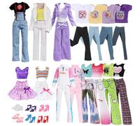 Carreuty Lot de 6 tenues et accessoires pour poupées de 29,9 cm compatibles avec Barbie Strawberry Combinaison en peluche Imprimé chiot Vêtements de loisirs décontractés Jupe 6 chaussures pour filles