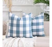 CARRIE HOME Lot de 2 housses de coussin décoratives à carreaux de style rustique pour canapé, chambre à coucher, 45,7 x 45,7 cm, bleu clair et blanc