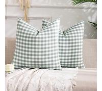 Carrie Home Lot de 2 Housses de Coussin décoratives à Carreaux de Style Rustique rétro pour Chambre, terrasse et Porche, Vert Sauge 45,7 x 45,7 cm, Vichy Gris, Vert et Blanc