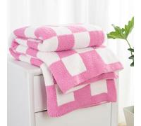 Carriediosa Couverture en Tricot à Carreaux Super Douce, Luxueuse, en Microfibre Duveteuse, à Carreaux - Jeté réversible et Confortable pour canapé-lit, Sofa, 152,4 x 203,2 cm, Rose Vif et Blanc à