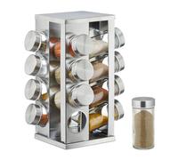 relaxdays 10026461 Carrousel, 16 Pots en Verre, Présentoir à épices INOX, Rotatif 360°, argenté
