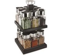 CMP KB5755 Carrousel à épices Distributeur carré rotatif 16 pots 2 étages Noir et transparent Plastique et verre Couvercles double clapets H29 x 16 x 16cm