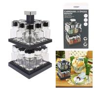 CMP KB5755 Carrousel à épices Distributeur carré rotatif 16 pots 2 étages Noir et transparent Plastique et verre Couvercles double clapets H29 x 16 x 16cm