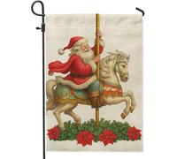 Carrousel de Père Noël, cheval, drapeau de jardin, décoration extérieure rouge et blanc, bannière double face en toile de jute pour décoration de cour 30,5 x 45,7 cm