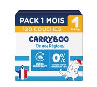 CARRYBOO - 120 Couches Saines et Ultra Absorbantes - Taille 1 (2-5kg) | 12h Anti Fuites - Sans substances indésirables - Prix Accessible - Certifié Origine France Garantie - Pack 1 Mois