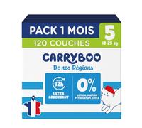 CARRYBOO - 120 Couches Saines & Ultra Absorbantes - Taille 5 (12-25kg) | 12h Anti Fuites - Sans substances indésirables - Prix Accessible - Origine France Garantie - Pack 1 Mois