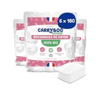 CARRYBOO - Carrés Cotons Bébé - 100% Bio - Peaux Normales & Sensibles - Lot de 6 - Ultra Doux & Résistants - Hypoallergéniques - Blanchis sans chlore - Pour toute la famille - Pack 1080 cotons