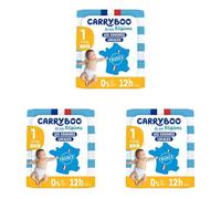 CARRYBOO - Couches Taille 1 (2-5kg) - Saines et Ultra Absorbantes - 12h Anti Fuites - Sans substances indésirables - Fabriquées en France - Pack naissance de 24 couches (Lot de 3)