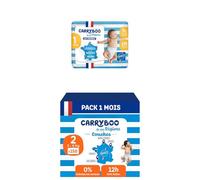 CARRYBOO - Couches Taille 1 & 2 - Duo évolutif naissance (2 à 6 kg) - Saines et Ultra Absorbantes - 12h Anti Fuites - T1 x 48 couches & T2 x 150 couches - Fabriquées en France
