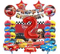 Cars Anniversaire Decoration Voiture 2 Ans, Voiture Ballons Feuille Enfants, avec Bannière Joyeux Anniversaire et Nappe de Thème, pour Garçons, Filles, Fêtes à Thème Decoration Anniversaire