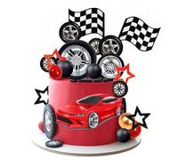 Cars Décoration Cupcake, Voiture Cake Topper, Décoration De Gâteau d'Anniversaire, 27 Décorations De Gâteau d'Anniversaire En Forme De Voiture De Course Avec Drapeau à Carreaux, Noir Rouge