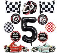 Cars Lot de 12 ballons décoratifs d'anniversaire 5e anniversaire - Motif voitures de course - Ballons en aluminium avec ballons en aluminium - Ballons Happy Birthday - Thème Cars - Décoration de fête