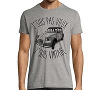 CARSPIRIT T-Shirt Humour Homme 2cv, J'suis Pas Vieux j'suis Vintage, Blanc ou Gris chiné, 100% Coton, Coupe ajustée (Gris chiné, XL)