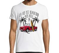 CARSPIRIT T-Shirt Humour Homme Voiture, La Vie est Beaucoup Plus Belle en Mehari, Blanc ou Gris chiné, 100% Coton, Coupe ajustée (Blanc, S)