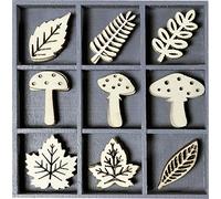cArt-Us Boîte avec décorations en Bois Feuilles Champignons 10,5 x 10,5 cm, Bois, Naturel